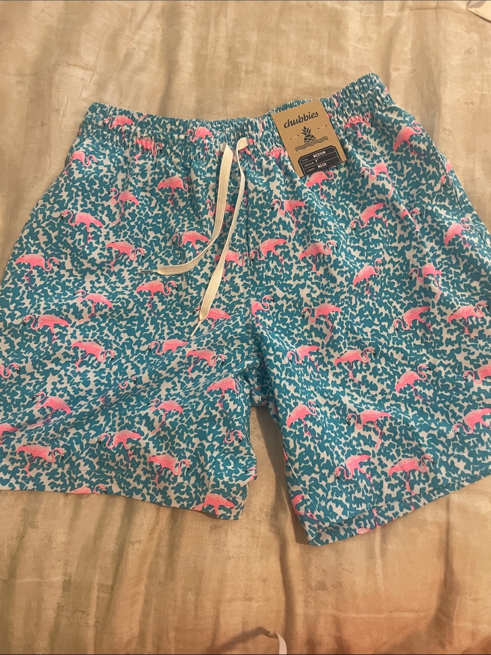 chubbies Teal Shorts with Pink Flamingo Print
